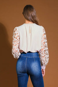 Beige Solid top W/Crochet Sleeve