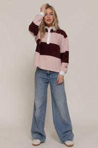 Long Sleeve Rugby Stripe Fleece Polo Top