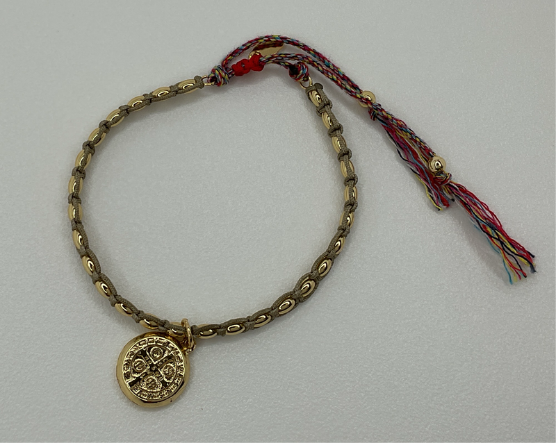 Red/Tan Knitted bracelets W/ San Benito Gold Metal  & Multicolored lace