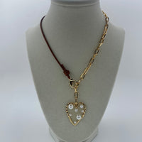 Half Leather/Half Gold W/ Clear Heart & Pearls