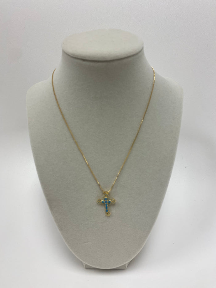 Gold Necklace W/ Blue Cross