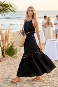 Cutwork Lace Trimmed Maxi Dress W/Halter Neckline