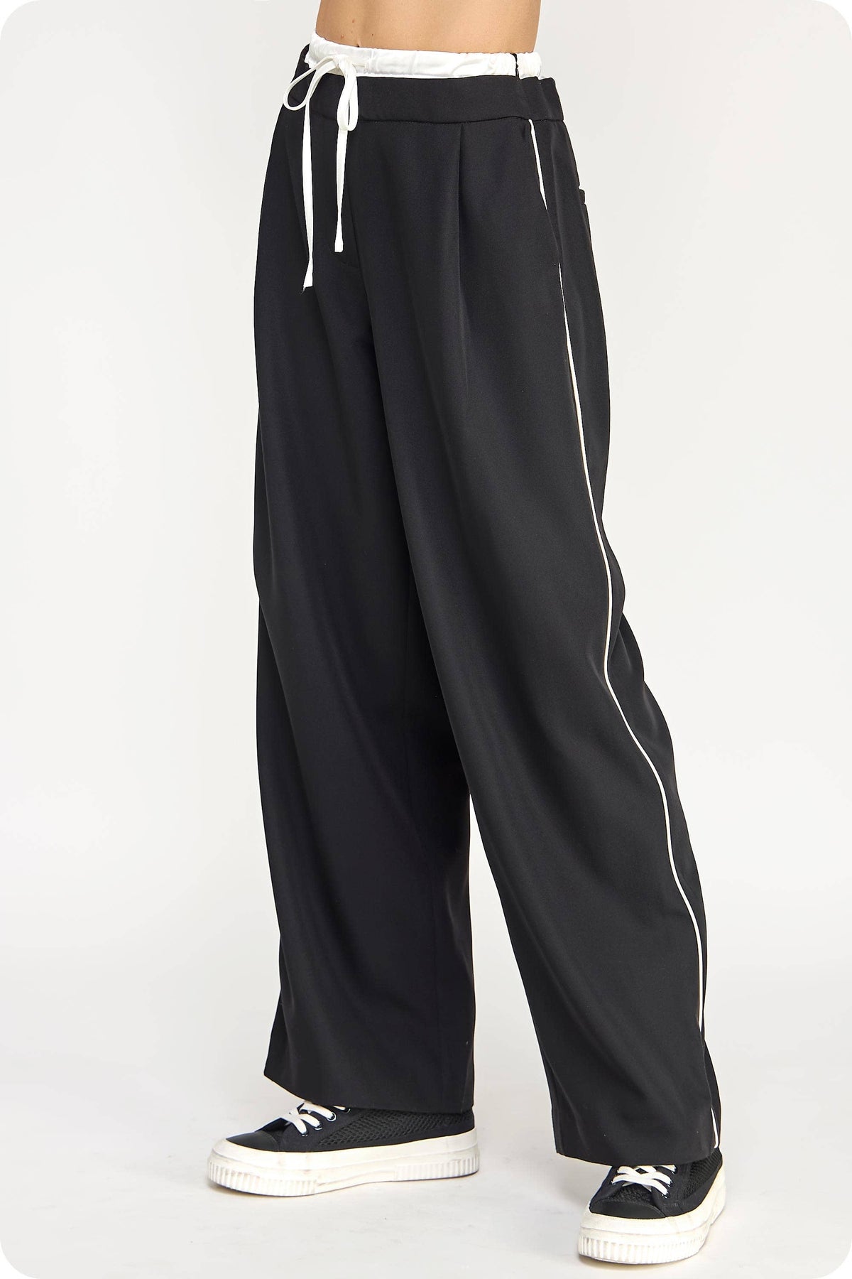 Piping Detail Satin Waistband Contrast Wide Leg Pants