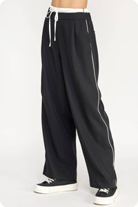 Piping Detail Satin Waistband Contrast Wide Leg Pants