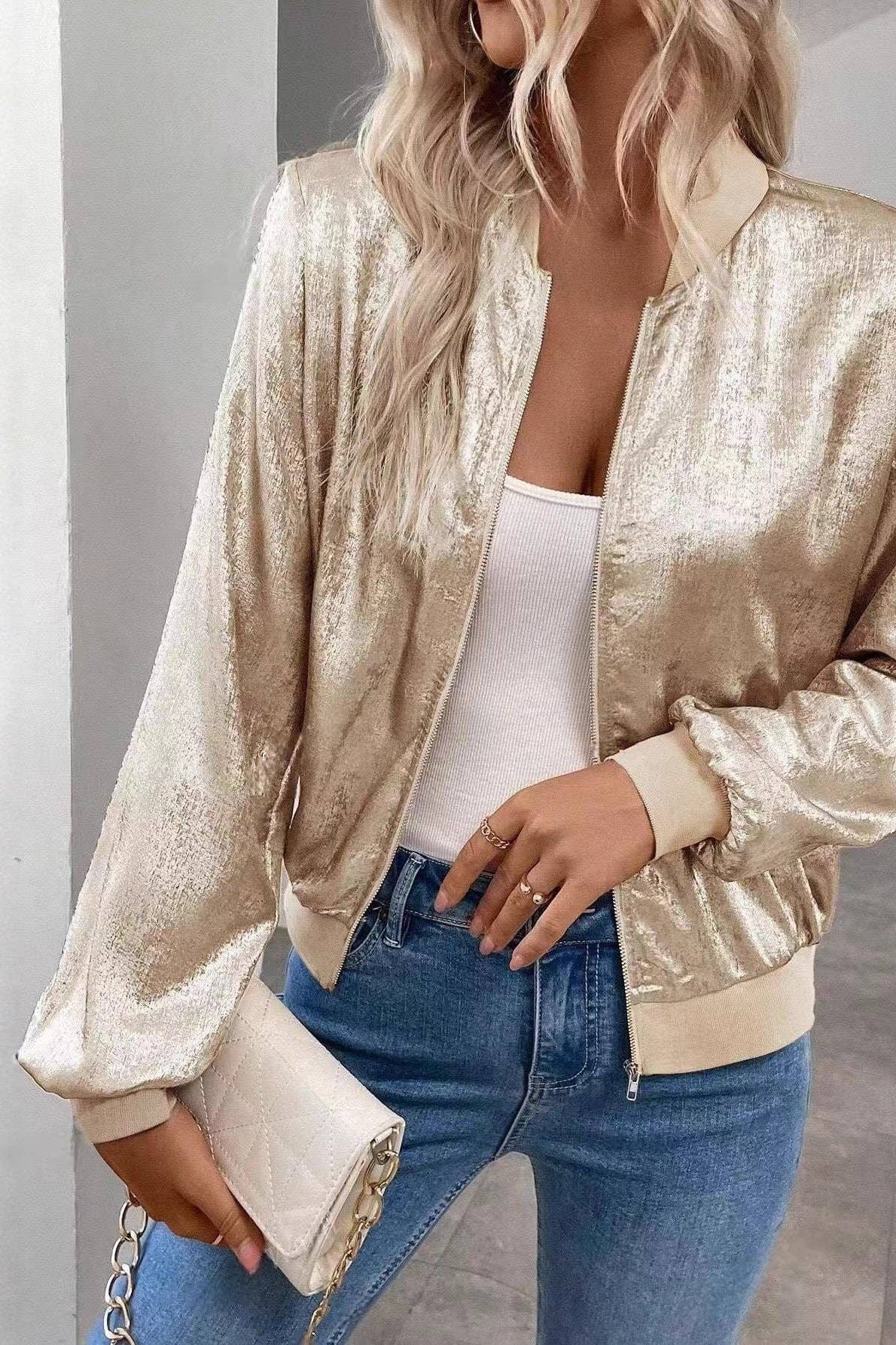 Champagne Zipper Cropped Jacket Coat