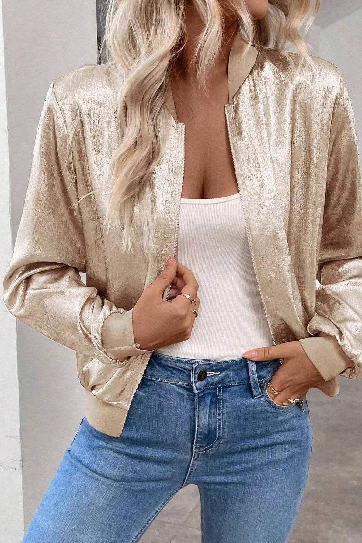 Champagne Zipper Cropped Jacket Coat