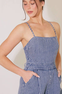 A washed striped denim jumpsuit
