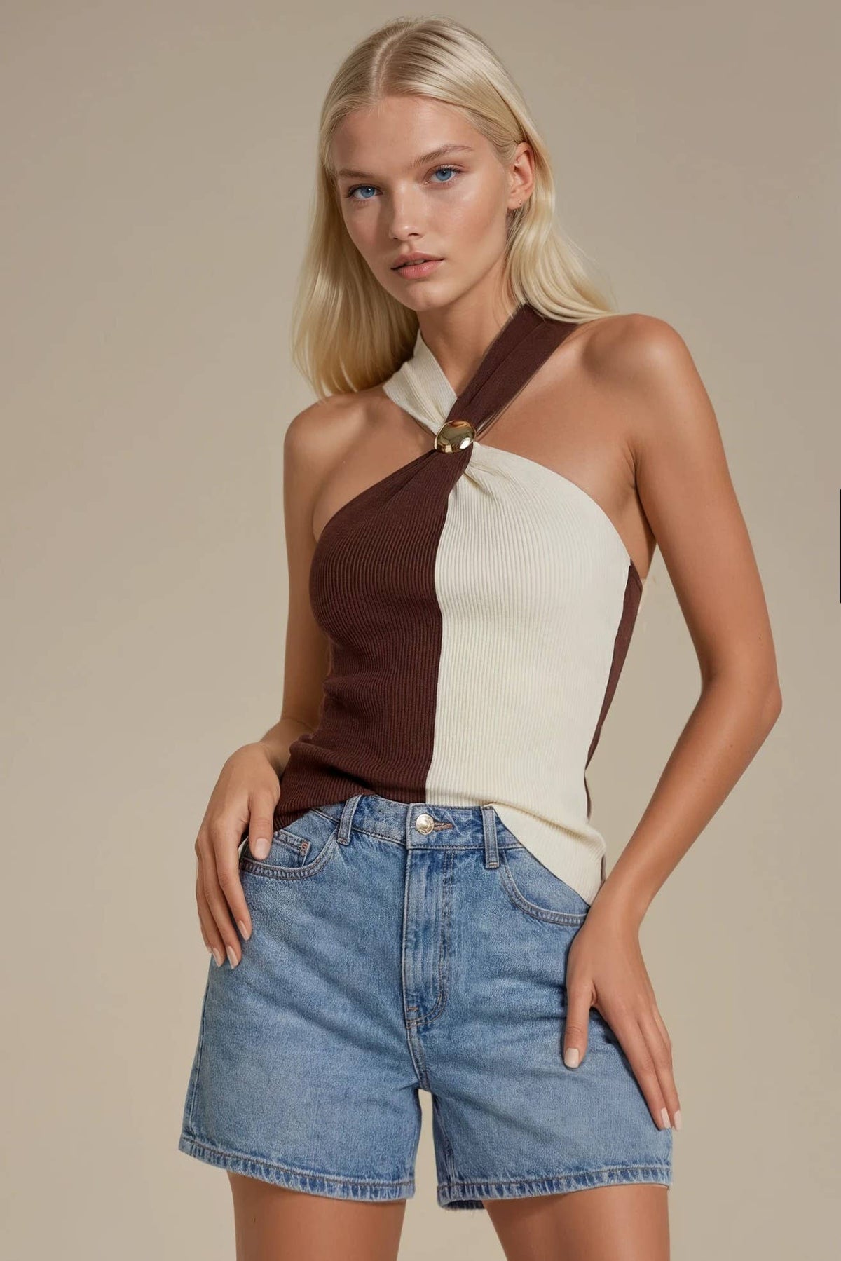 Color Block Gold Dome Hardware Halter Knit Top