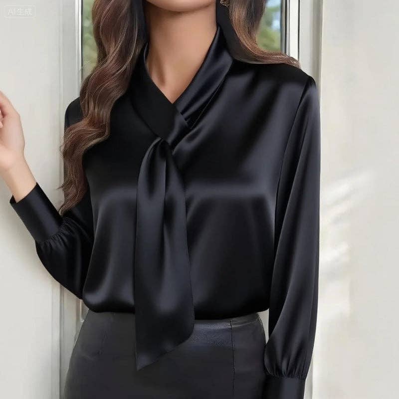 Women FlowyTie Front V Neck Long Sleeve Solid Shirt