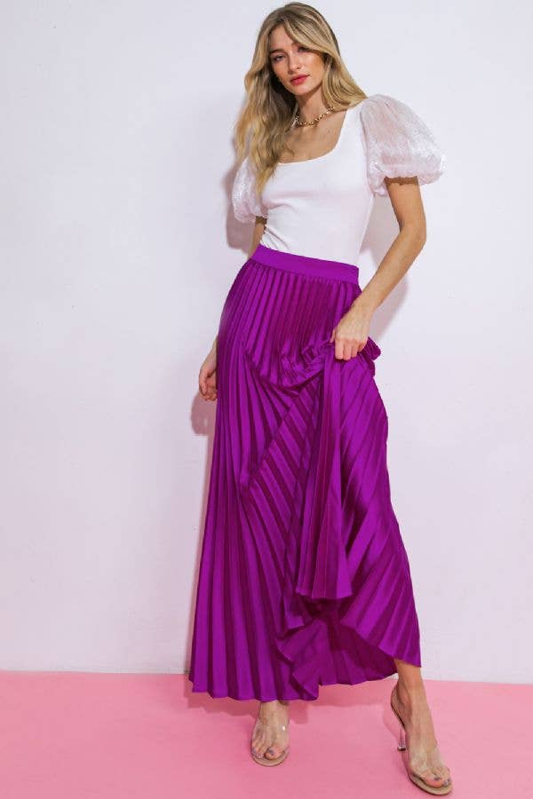 A solid satin fully pleated maxi skirt