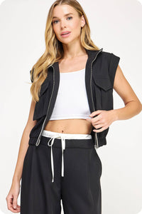 Mock Neck Rolled Up Sleeve Piping Detail Vest Top