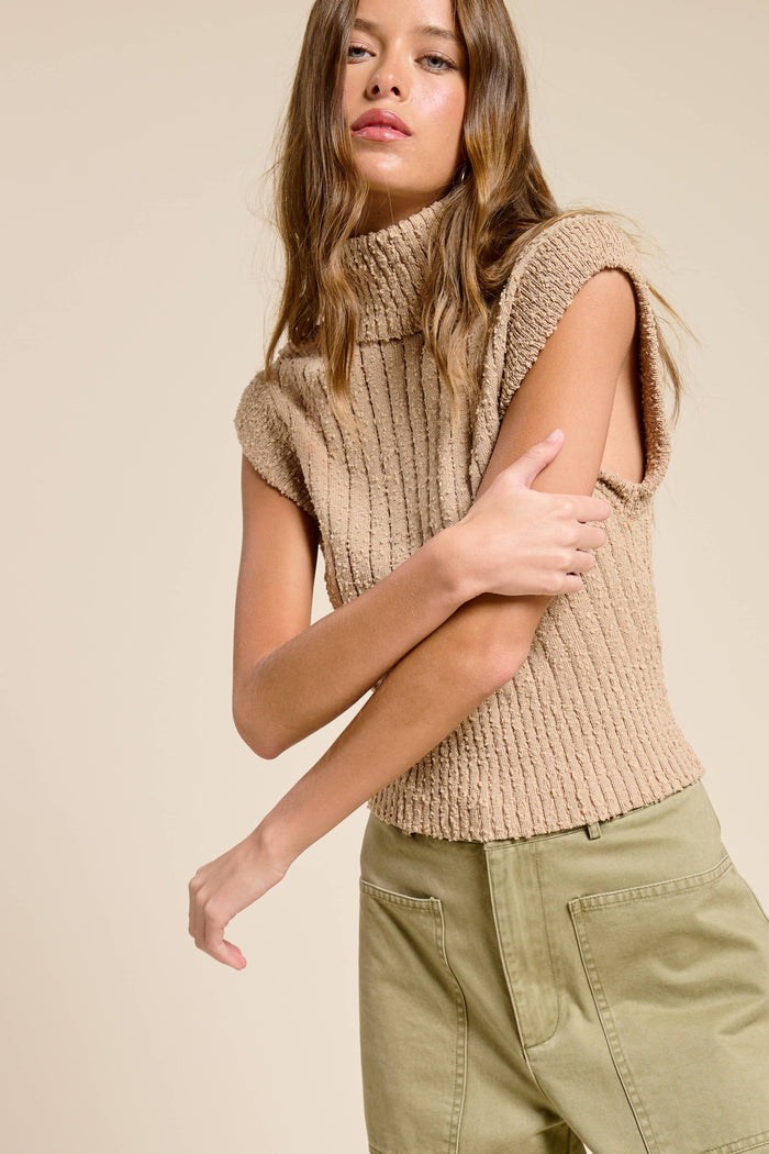 Sleeveless Ribbed Knit Turtleneck Sweater