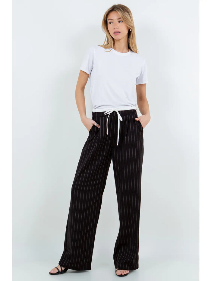 Pinstripe Contrast Waist Pant - Black