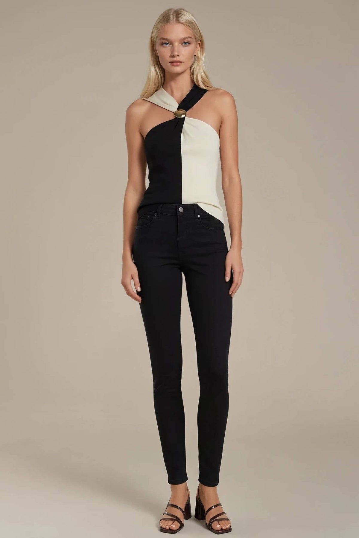 Color Block Gold Dome Hardware Halter Knit Top