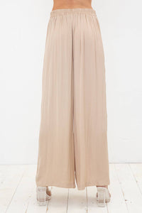 Satin Pleated Wide Leg Tassel Tie Pants