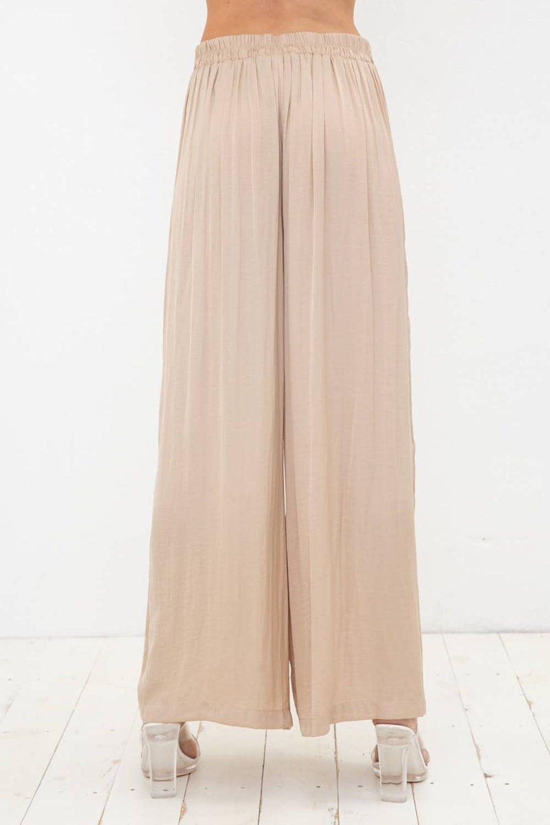 Satin Pleated Wide Leg Tassel Tie Pants