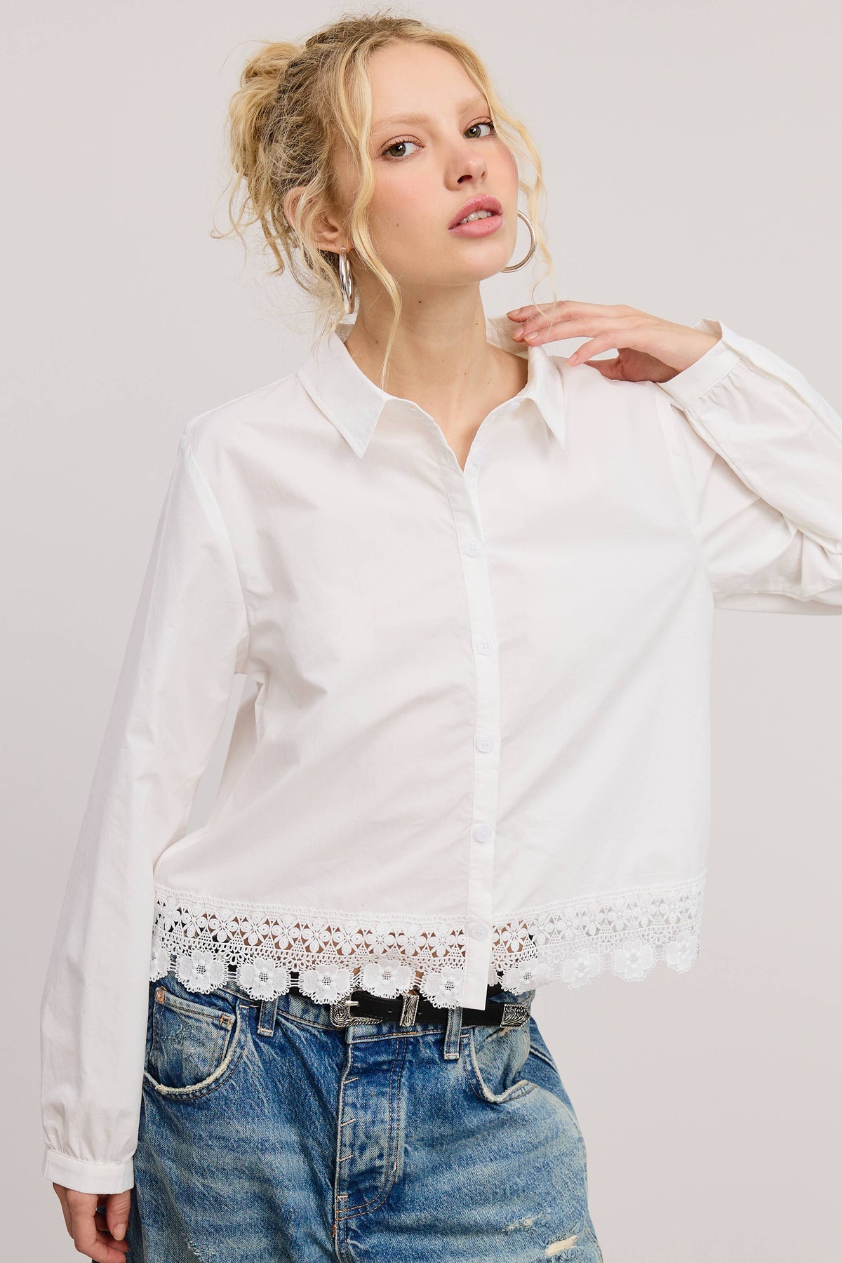 Eyelet Embroidery Trim Detail Collared Blouse