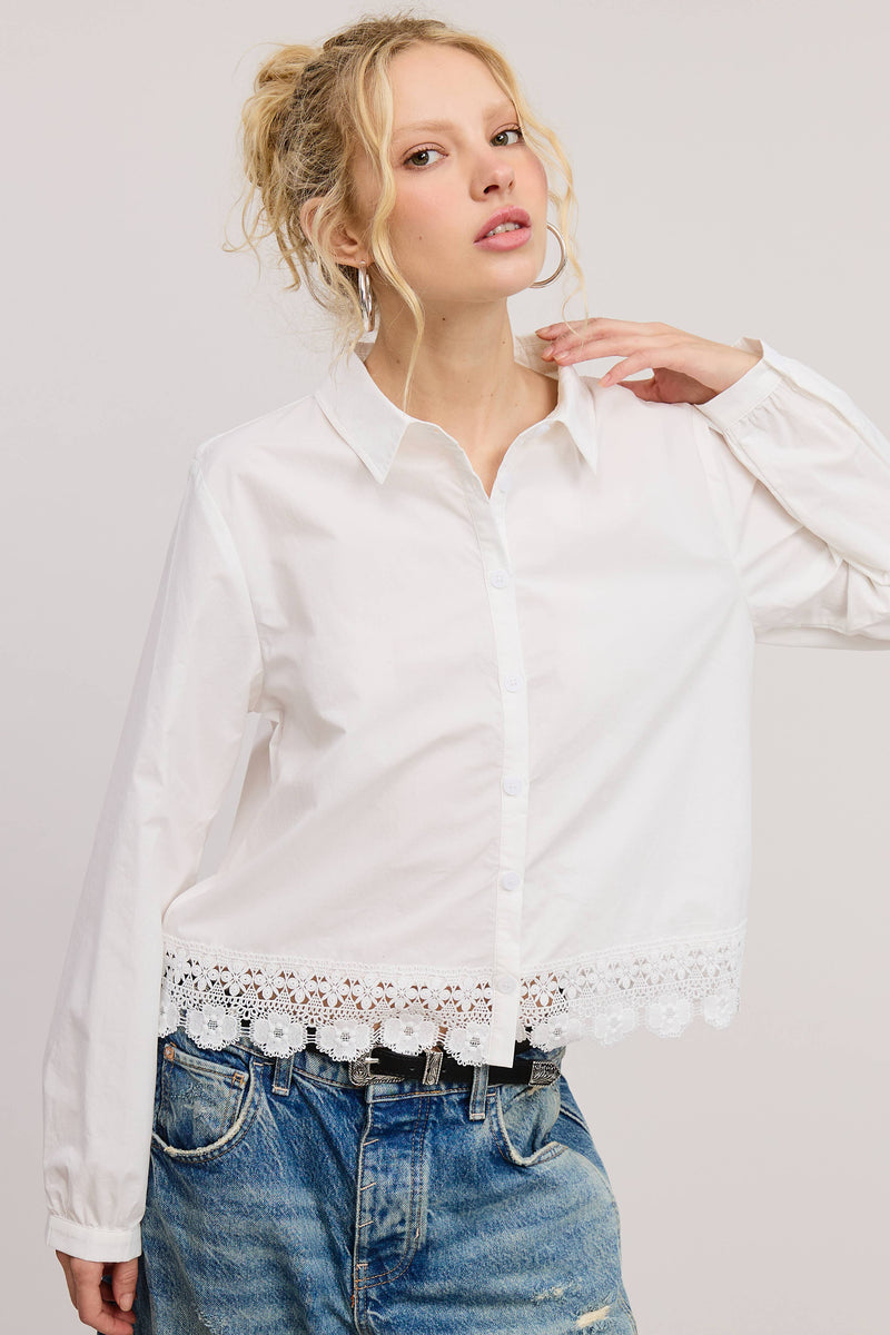Eyelet Embroidery Trim Detail Collared Blouse