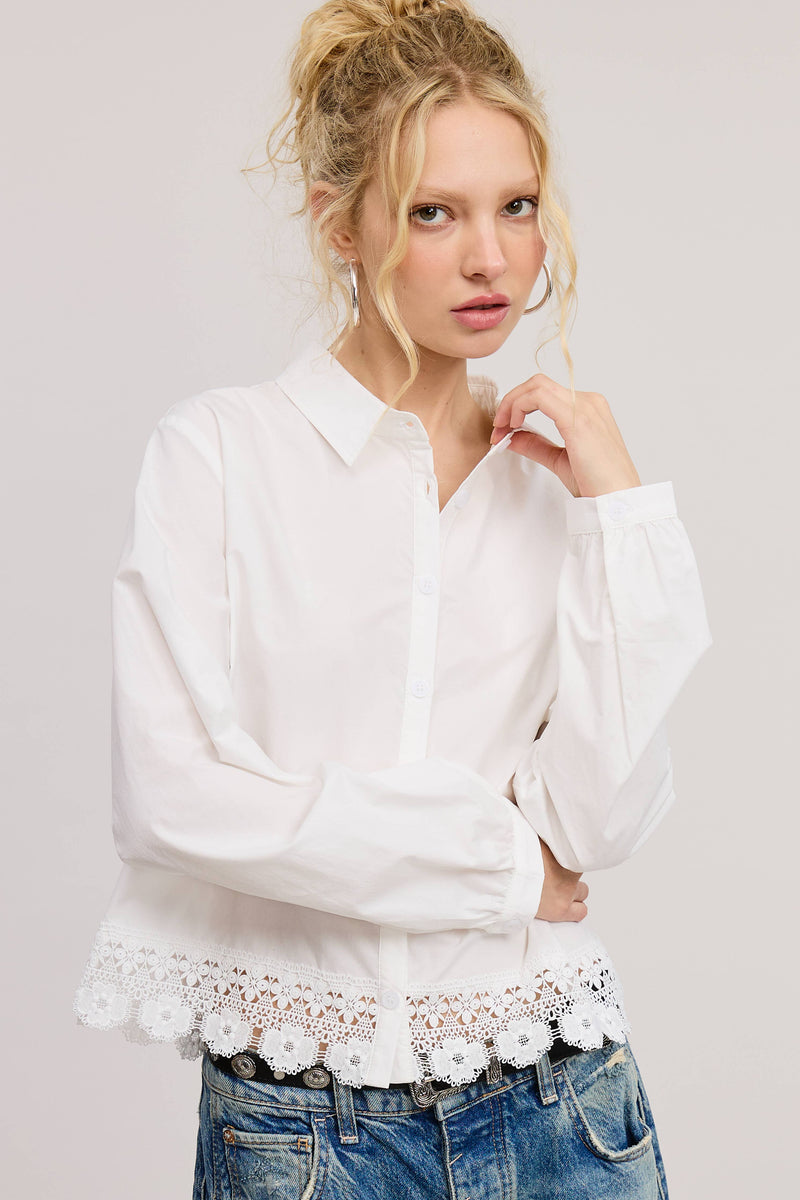 Eyelet Embroidery Trim Detail Collared Blouse