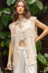 Oversized Sleeveless crochet lace floral patch Denim Vest