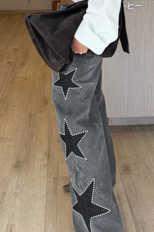 Women Casual  Star Print Wide Leg Denim Pants Jeans