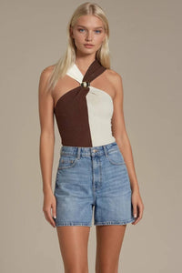Color Block Gold Dome Hardware Halter Knit Top