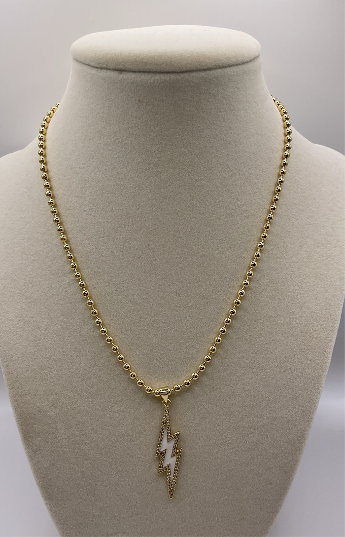 Gold Small Bead Necklace W/ White Lightning