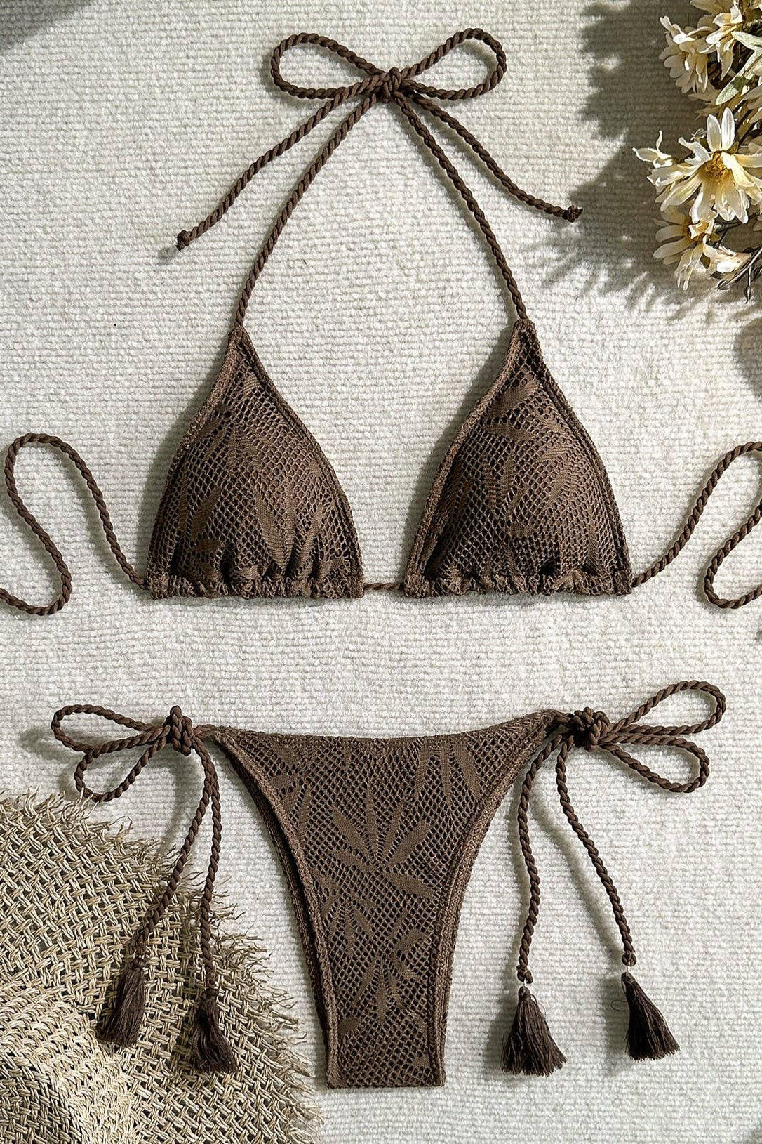 Solid Color Braided String Bikini Set