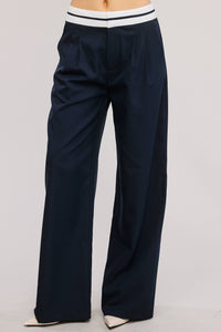 Navy Contras Waist Detail Woven Trouser Pant