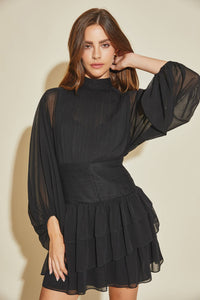 PLEATED TIERED DRESS- BLACK