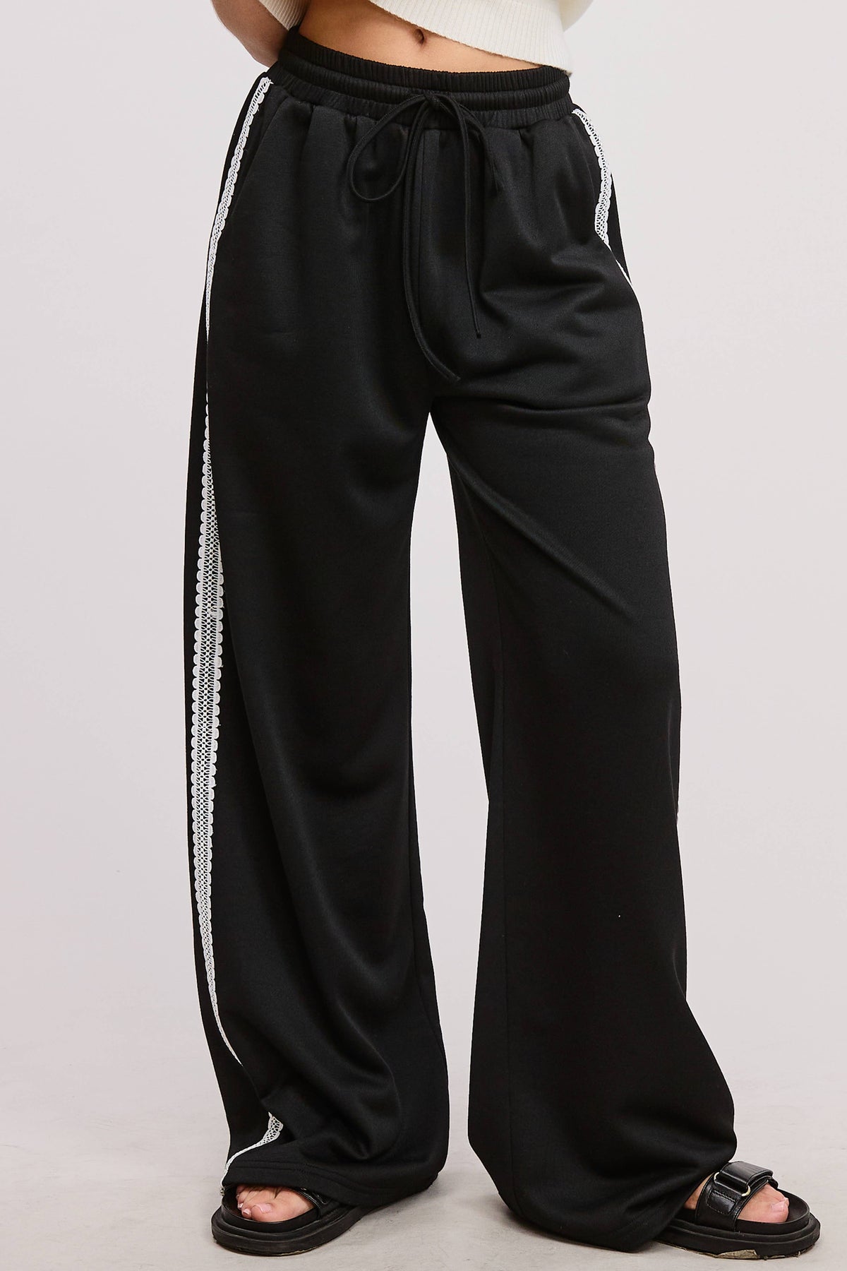 Lace Trim Wide Leg Track Pants with Drawstring Waist