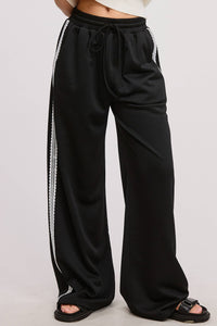 Lace Trim Wide Leg Track Pants with Drawstring Waist