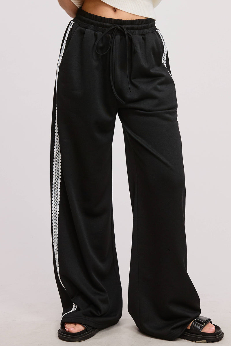 Lace Trim Wide Leg Track Pants with Drawstring Waist