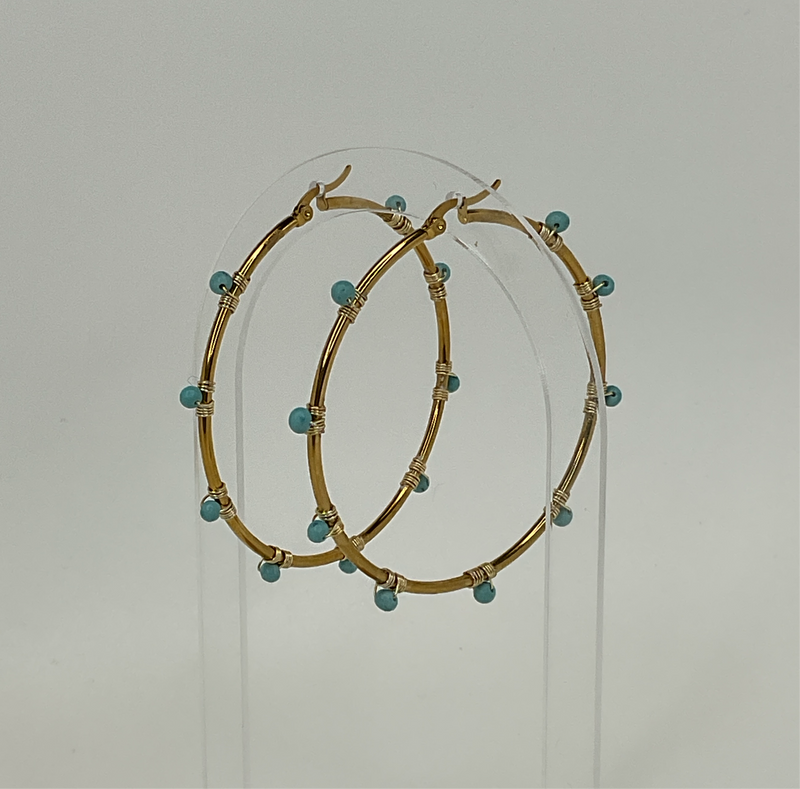 Large Gold Hoop W/ Blue Bead