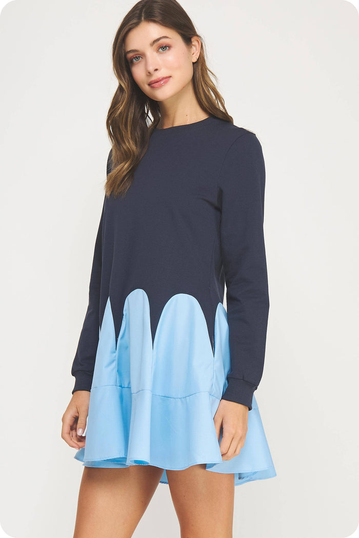 Contrast Flare Hem Mixed Media Knit Mini Dress