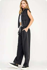 Mock Neck Rolled Up Sleeve Piping Detail Vest Top