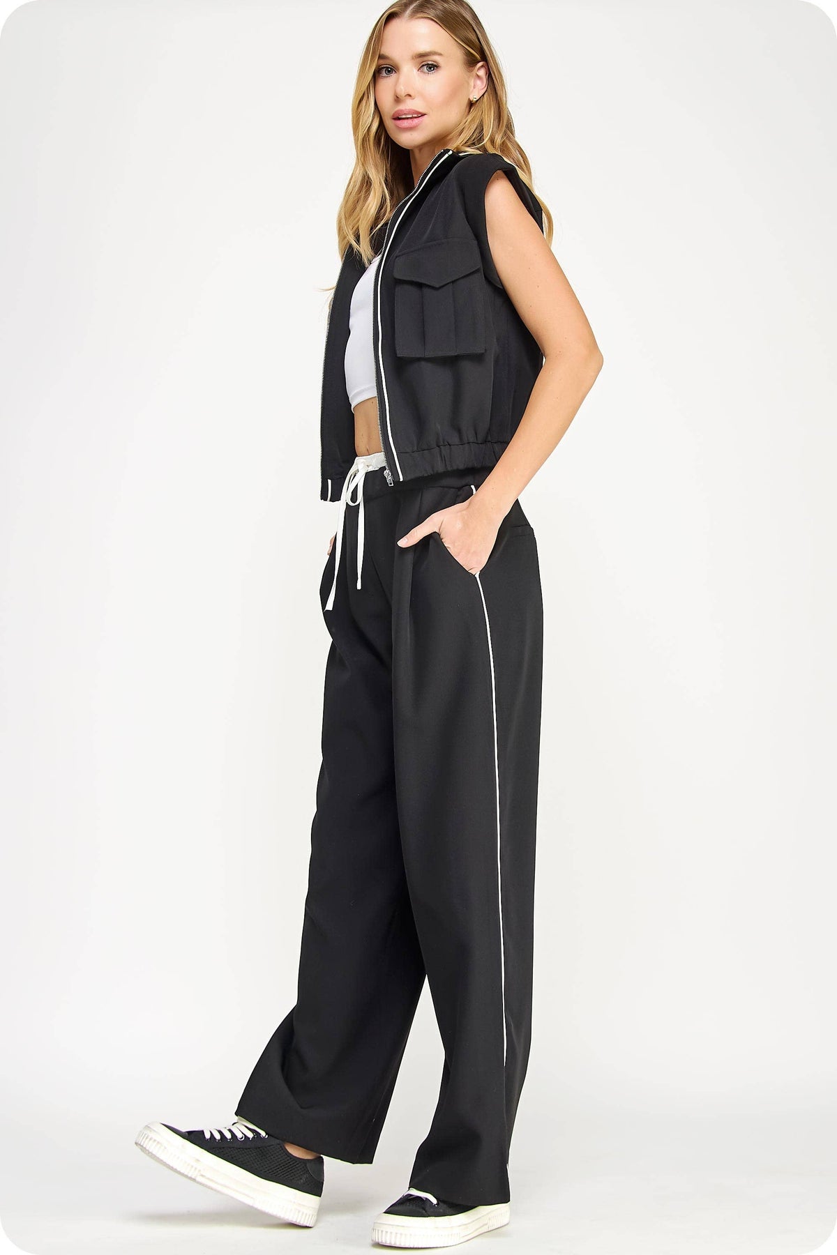 Piping Detail Satin Waistband Contrast Wide Leg Pants
