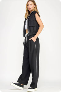 Piping Detail Satin Waistband Contrast Wide Leg Pants