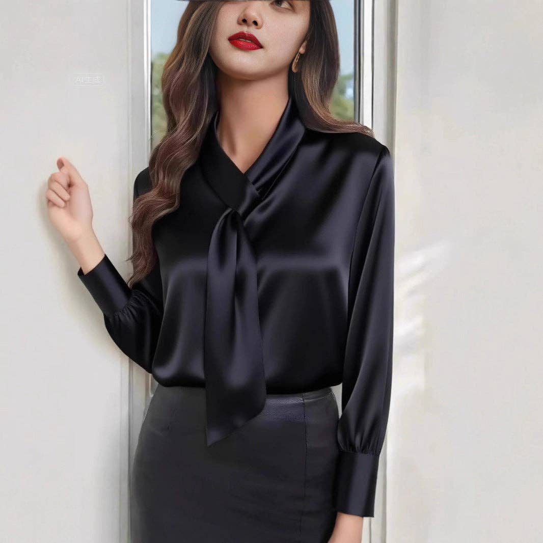 Women FlowyTie Front V Neck Long Sleeve Solid Shirt