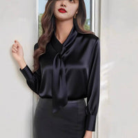 Women FlowyTie Front V Neck Long Sleeve Solid Shirt