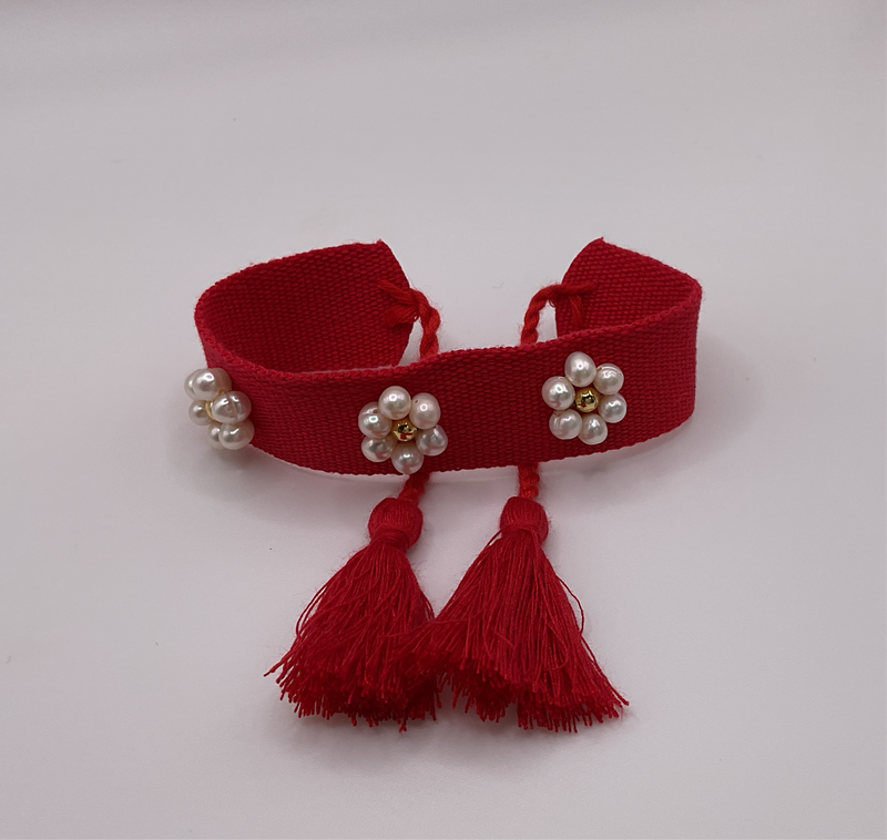 Red Bracelet W/ 3 Daisy Pearl Flowers