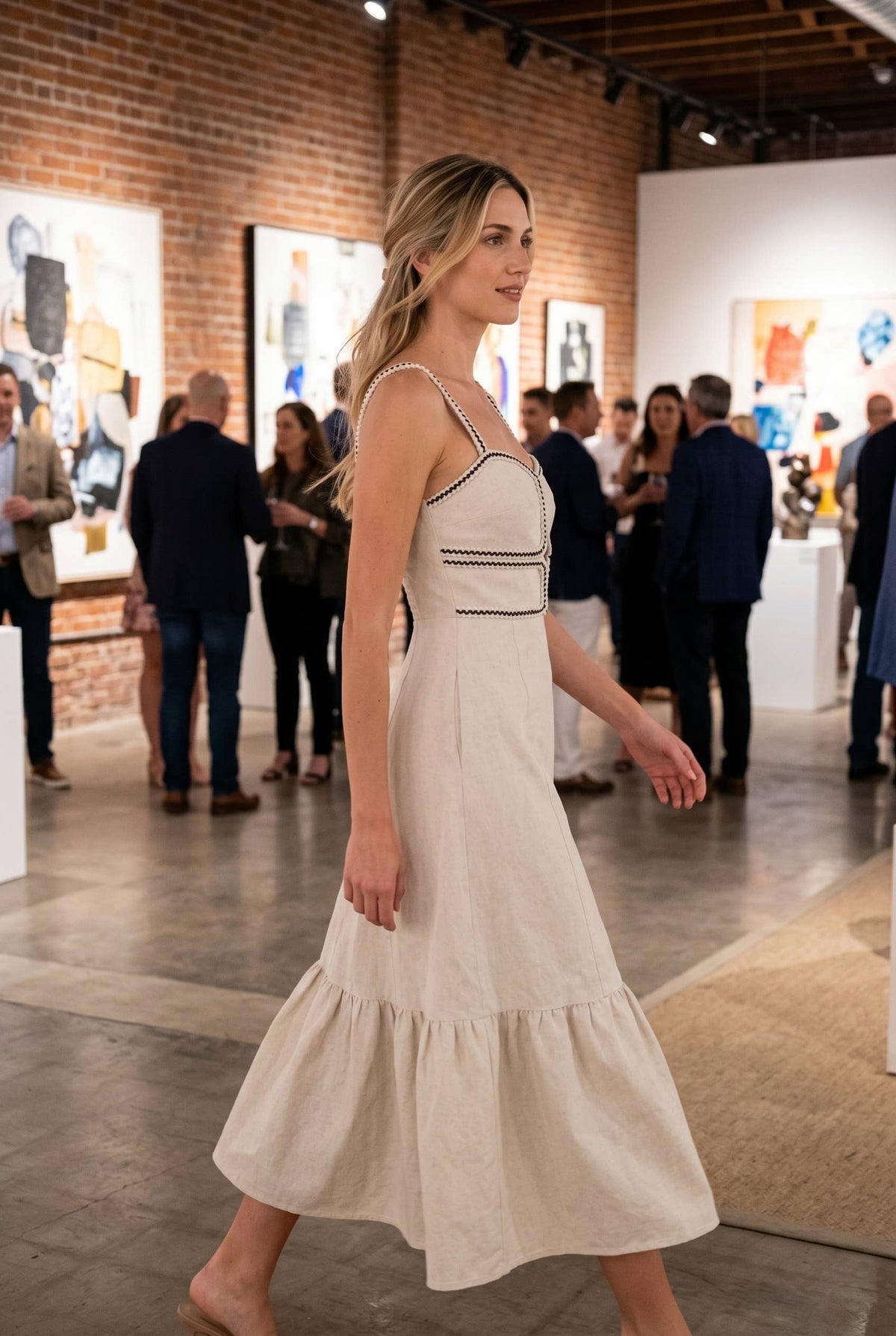 Cotton Linen Midi Dress With Trim Tape Detail