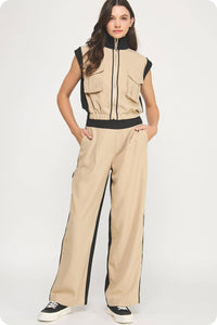 Contrast Waist Band Color Block Wide Leg Pants