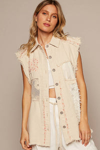 Oversized Sleeveless crochet lace floral patch Denim Vest