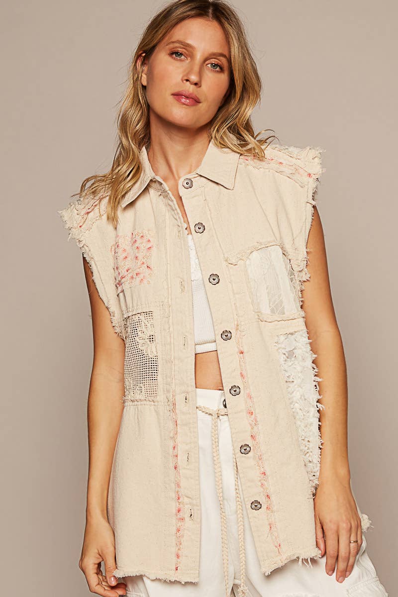 Oversized Sleeveless crochet lace floral patch Denim Vest
