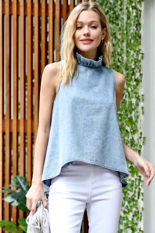 Denim Ruffle Neck W/Hi Low Front Back