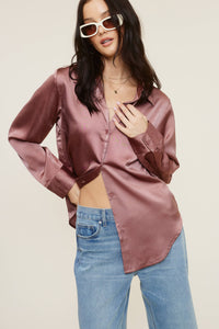 Collared Solid Satin Button-Down Long Sleeve Blouse