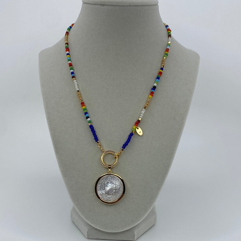 "Rainbow" Bead Necklace W/ Large Pearl Disk