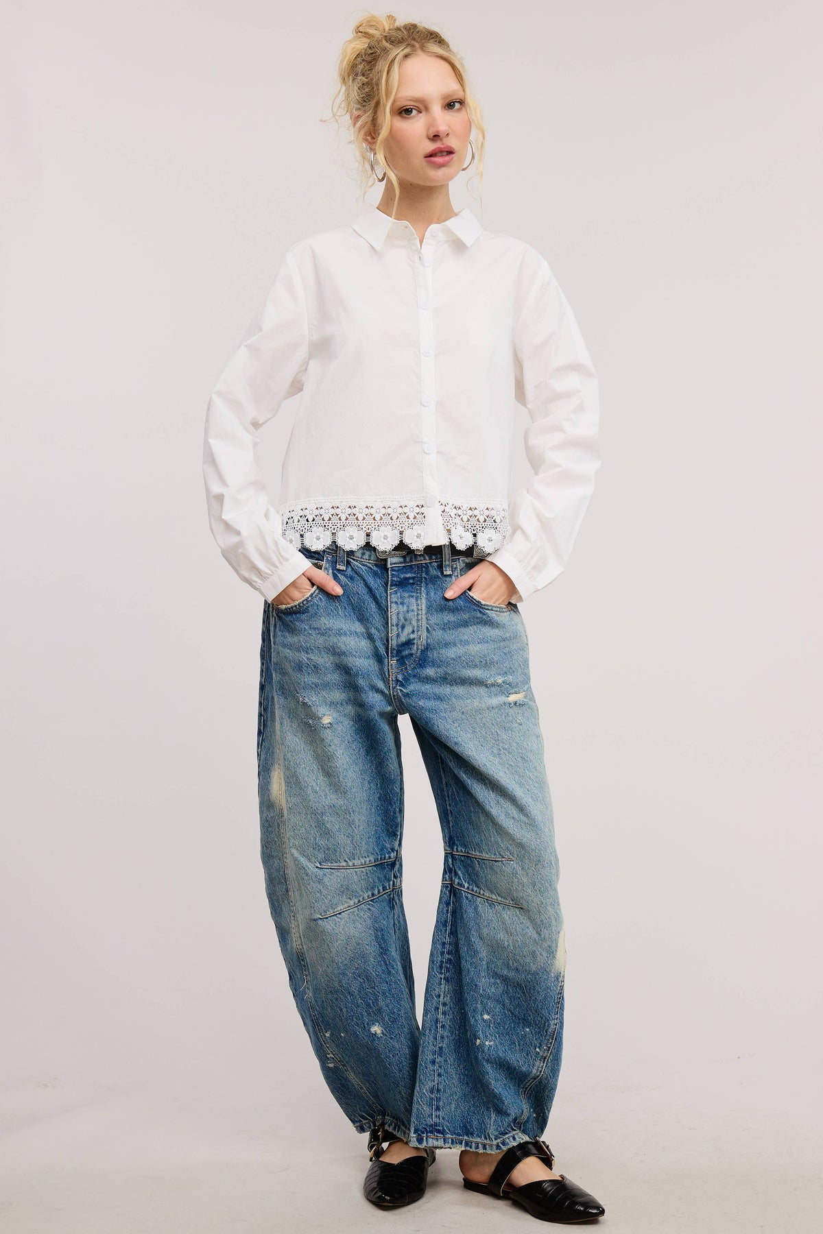 Eyelet Embroidery Trim Detail Collared Blouse