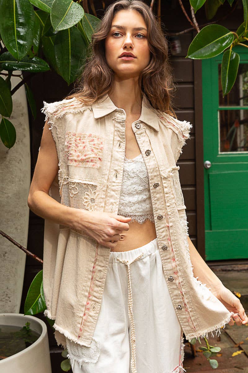 Oversized Sleeveless crochet lace floral patch Denim Vest